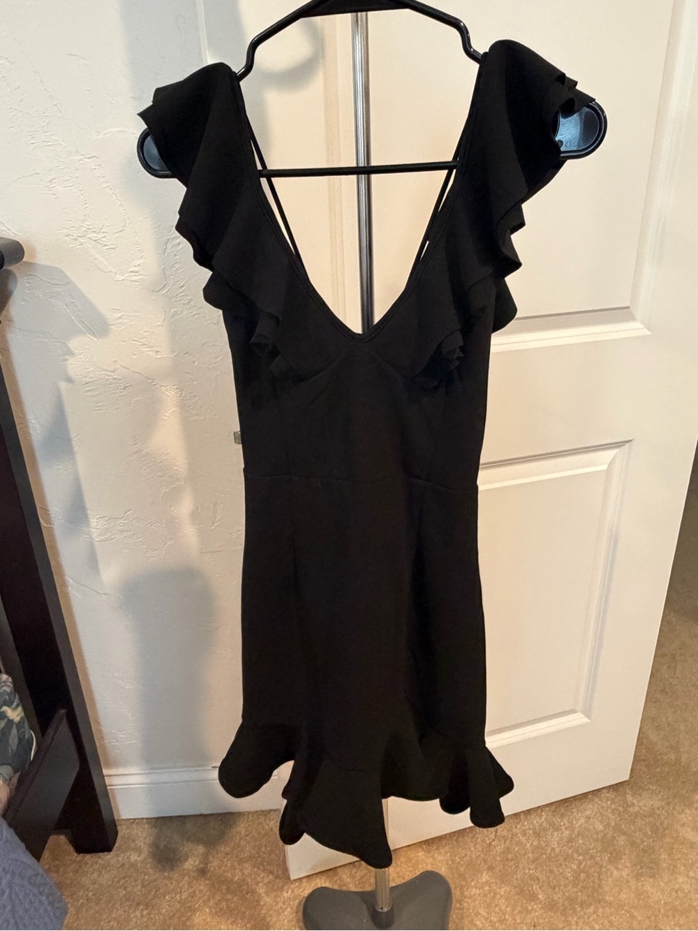 Selfie Leslie Black Ruffle V-Neck Mini Dress